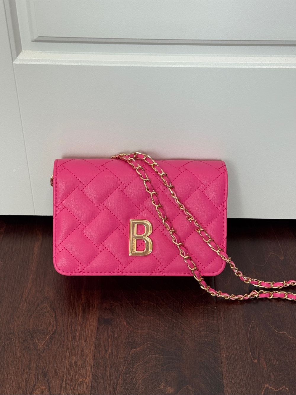 NEW Bebe Pink Quilted Purse Gold Chain Strap Built-in Wallet Card Slots Handbag